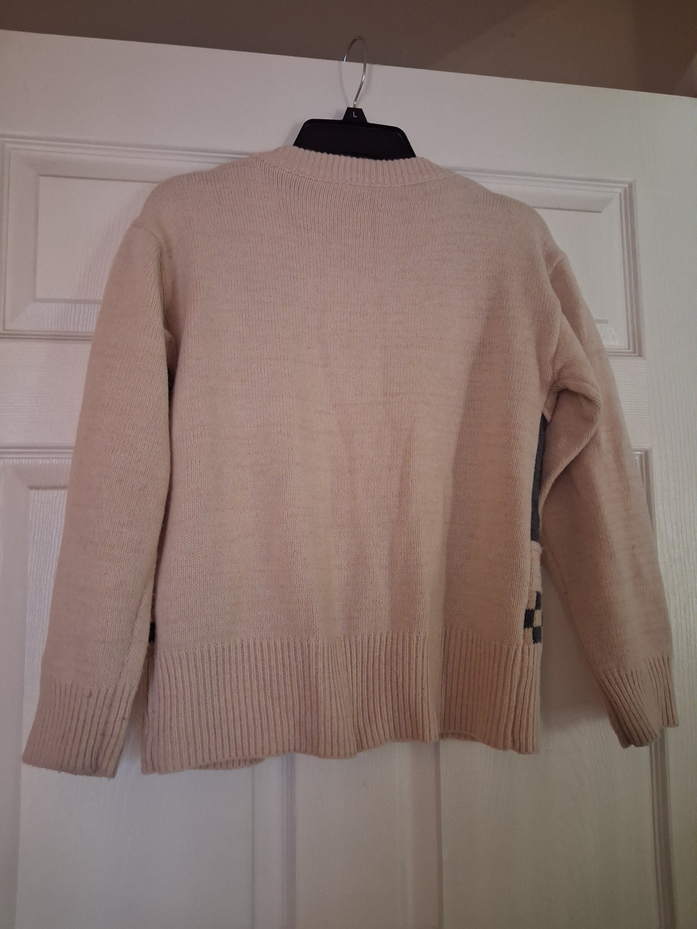 Cozy Cream & Blue Novelty Cardigan Sweater with Apples, Ducks, Chickens - Picture 4 of 4